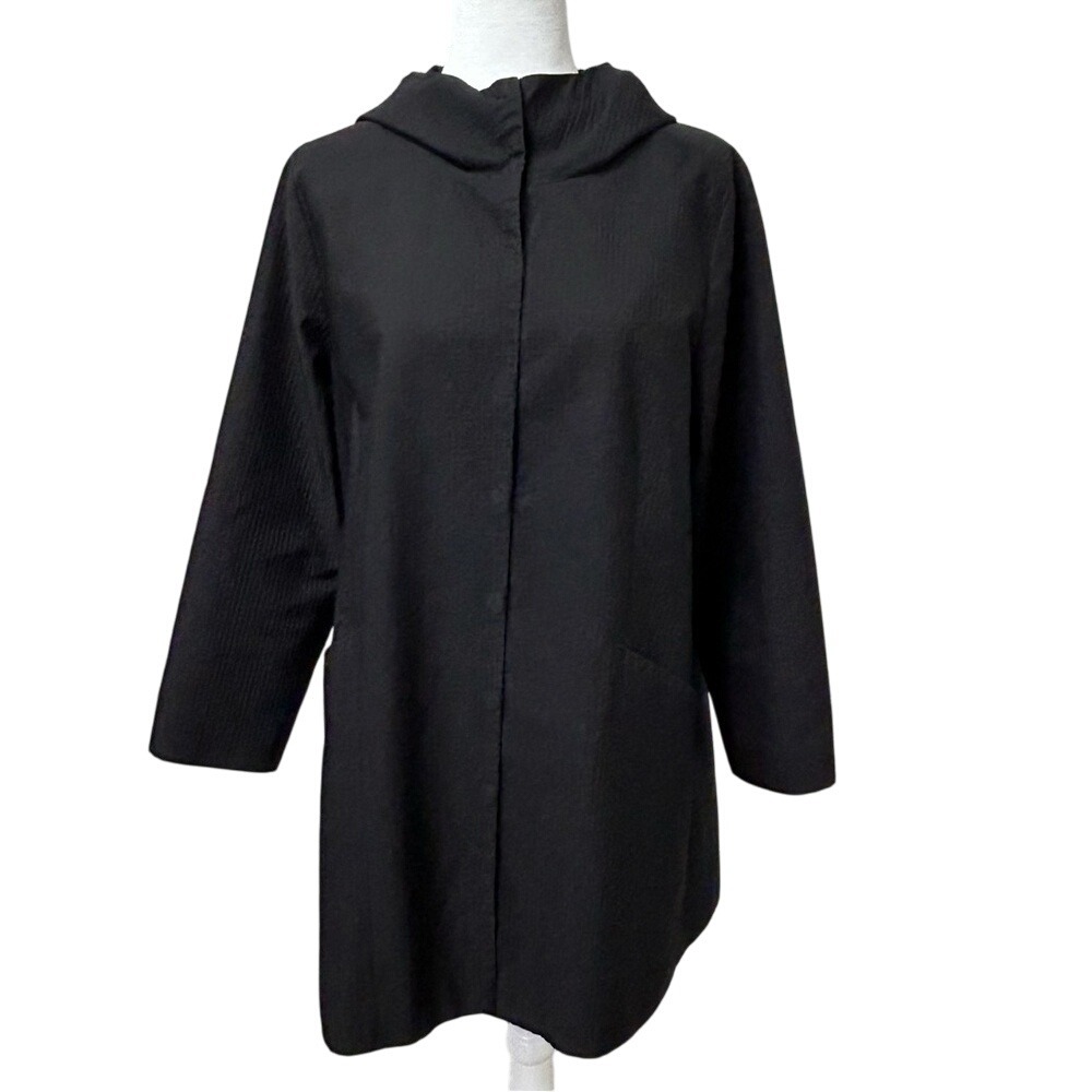 Eileen Fisher Black Snap Button Hooded Jacket Size Medium Minimalist Chic Design